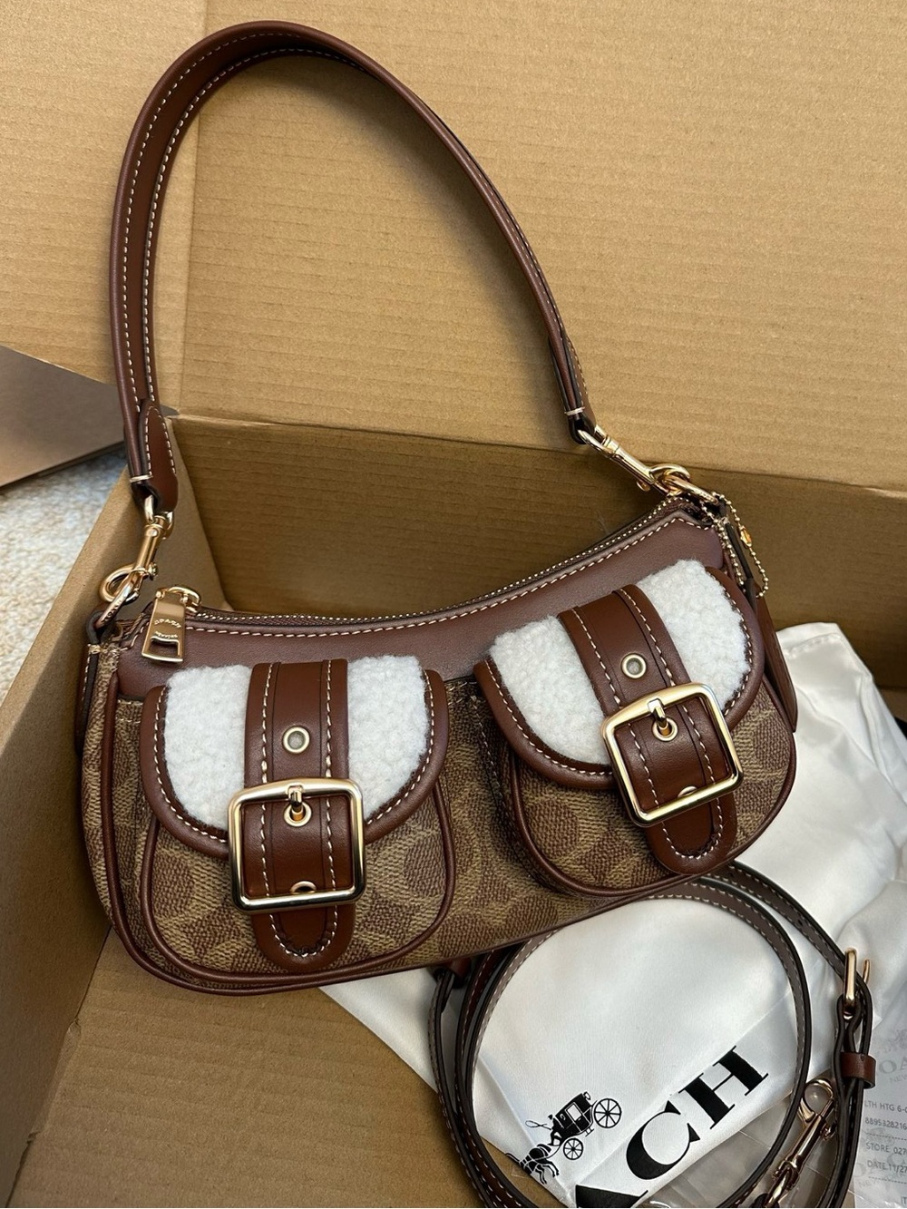 Coach Brown & Ivory Shearling-Trim Shoulder Bag